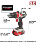 20V Max Cordless Drill Driver Kit with 1/2 inch chuck, brushless motor, two batteries, charger; labeled features shown