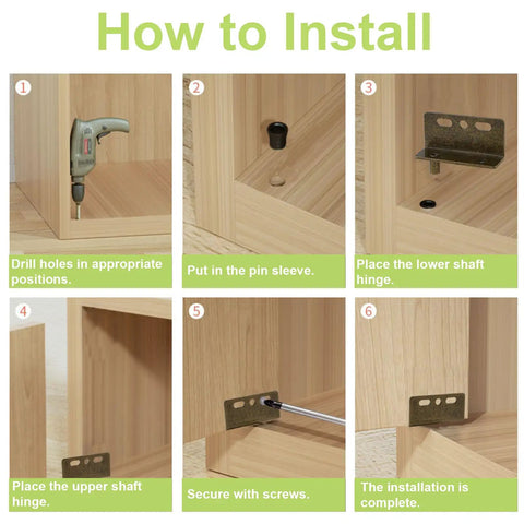 Installation steps for Built Tough As Nails Heavy Duty Iron Concealed Shaft Cabinet Door Pivot Hinges with sturdy pin bushings.