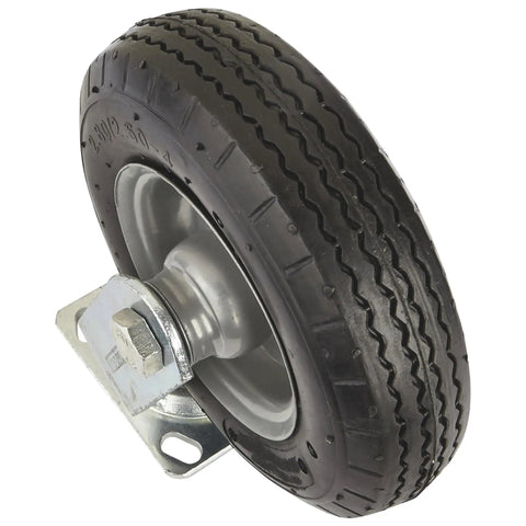 Badass 8 Inch Swivel Caster Wheel With Flat Free Rubber Foam Core And Deep Sawtooth Tread rubber wheel on a metal swivel base.