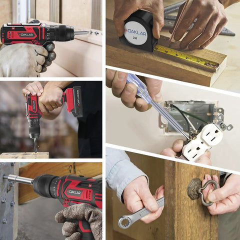 133 Piece Power Tool Kit Set With 20V Cordless Drill Half Inch All Metal Chuck Variable Speed 18 Plus 1 Clutch drill in use