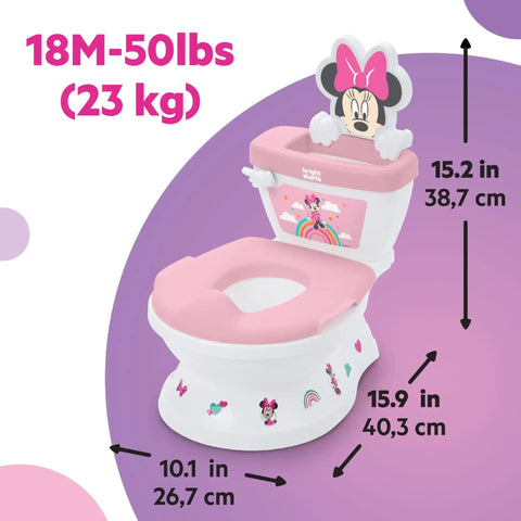 Super Sweet Disney Minnie Mouse Toddler Potty Training Toilet With Real Flush And Cheer Sounds showing dimensions, designed for toddlers 18M-50lbs.
