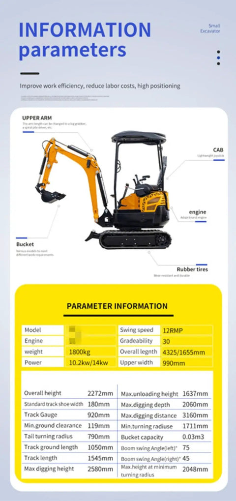Image with specifications for 1 To 3 Ton Hydraulic Mini Excavator For Farm Work And Yard Projects, Crawler Digger For Trenching