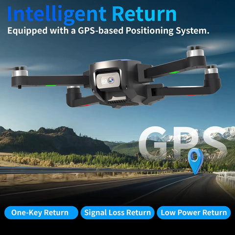 4K GPS Drone With Camera For Adults, 5G WiFi FPV, hovering above landscape, showcasing auto return feature, foldable quadcopter design.