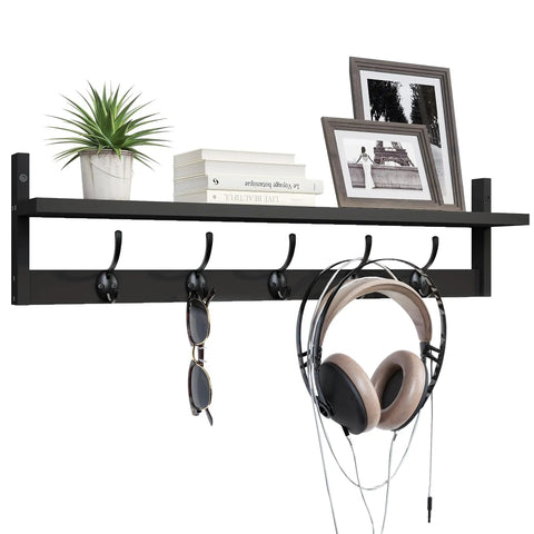 Heavy Duty Wall Mounted Shelf With Five Dual Hooks Straight Up Game Changer Entryway Coat Rack For Small Apartments Bathrooms And Bedrooms In Matte Black, featuring storage for headphones and sunglasses.