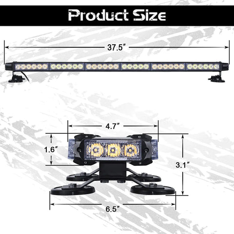 Product size diagram of the 37.5 Inch 78 Led Strobe Light Bar Built Like A Tank With Slap And Go Magnetic Mount.