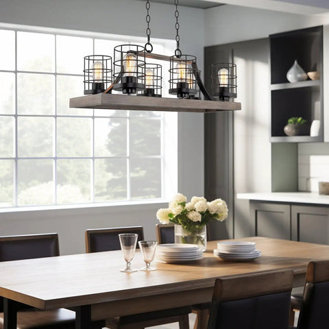 Farmhouse Dope 6 Light Kitchen Island Light With Cage Style Shades Weathered Ash Wood Finish And Bold Black Accents