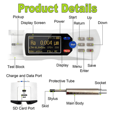 Top Notch Surface Roughness Tester Profilometer, digital display and controls, 160µm range, 0.001µm resolution, DSP driven.
