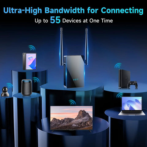 4X Faster WiFi Extender With Ethernet Port, Long Range Home Signal Booster displayed with multiple devices connected, black