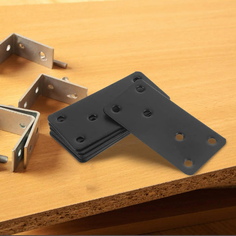 Stacked stainless steel flat joining plates with holes, black finish, next to brace brackets on a wood surface, 10 pack showcase.