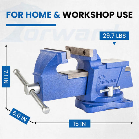 Beefy 6 Inch Bench Vise With Swivel Base And Anvil, Ductile Iron Construction, 5 Inch Jaw Opening, 2.7 Inch Throat Depth