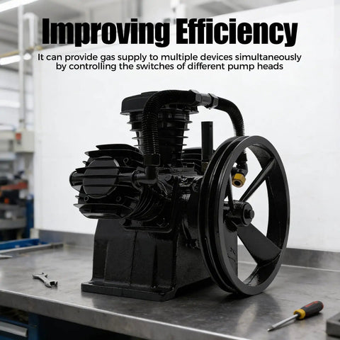 Heavy Duty 4 To 5 Horsepower Replacement Air Compressor Pump Head with black cast iron body and aluminum components.