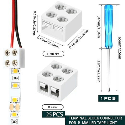 Diagram of 25 Pack 2 Pin 8mm LED Tape Light Connectors With Screwdriver No Solder Needed Wire To Strip Quick Tighten Terminal Blocks