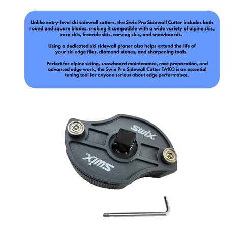 Pro Sidewall Cutter TA103 for ski and snowboard tuning with round and square blades, focus on cutter and hex key details.