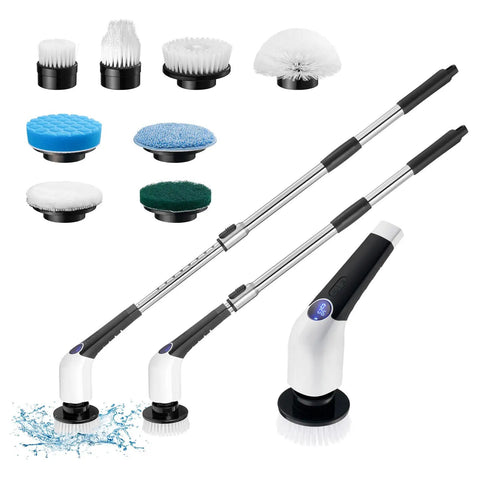 Electric spin scrubber set with multiple brush heads and extendable handles, shown with water splash effect.