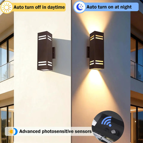 Dusk To Dawn Outdoor Wall Light 2 Pack Brown Up Down Sconce Dope Aluminum Porch Lighting For House Front Door IP65 Modern Exterior