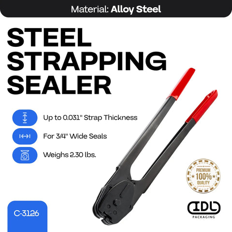 Heavy Duty Front Action Steel Strapping Sealer And Crimper For Three Quarter Inch Strapping With Long Fourteen Inch Handle Front Action Operates On Horizontal And Vertical Surfaces Heat Treated Wear Resistant Parts, alloy steel