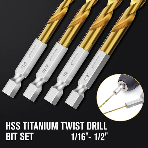 30Pcs HSS Titanium Drill Bit Set with Quick Change Shank for Sheet Metal Wood and Plastic shown in different sizes