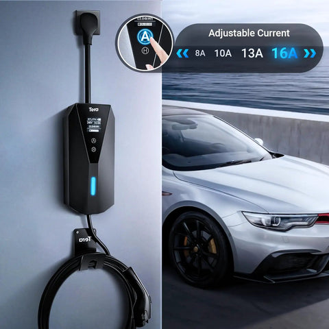 Portable Electric Car Charger For Level 1 And Level 2 EVs J1772 Compatible 16A 10A 8A Charging Station with adjustable amps.