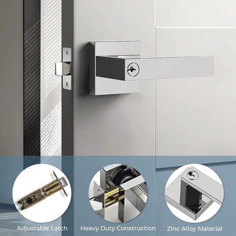 Three Piece Door Knob Set With Lock And Key In Polished Chrome on a modern door; zinc alloy material highlight.