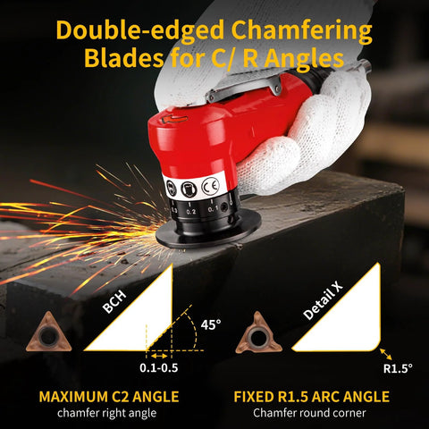 Red pneumatic chamfering tool with carbide indexable inserts cutting a metal edge, sparks flying.