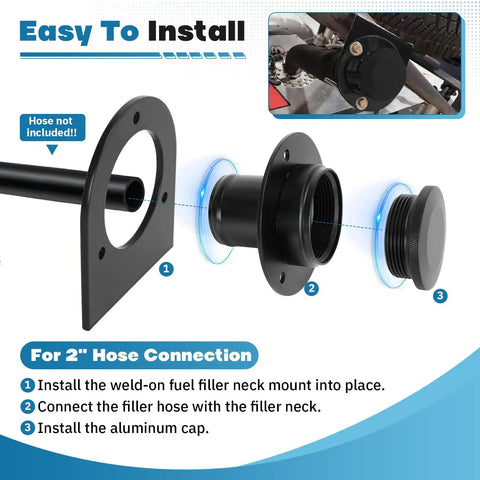 Remote Fuel Tank Filler Neck Straight With Billet Aluminum Gas Cap And Weld On Steel Bracket For 2 Inch Filler Hose Connection Black diagram