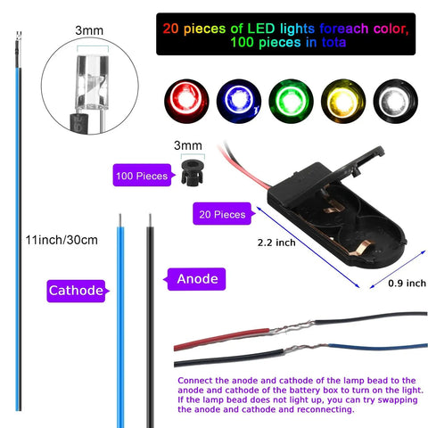 Diagram showing 12V LED Lights Kit with 220 Pieces, featuring 3mm LEDs, prewired connections, and plastic battery holders.