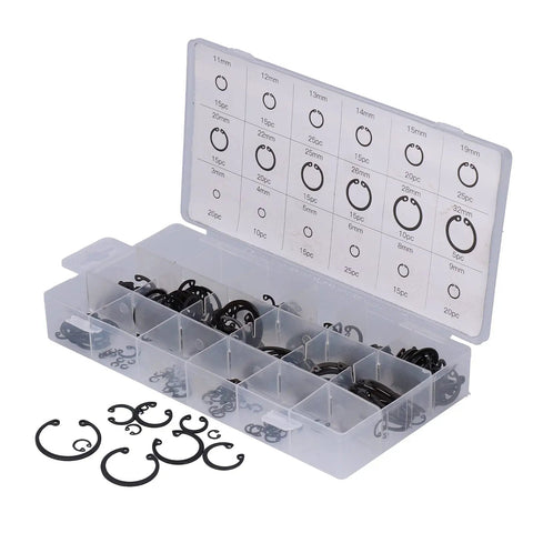 300 Piece Snap Ring Set In Alloy Steel With Pro Grade Durable Plastic Storage Case, organized compartments showing ring sizes.