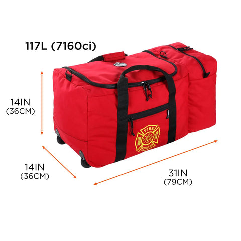 Arsenal 5005W Large Nylon Rolling Firefighter Rescue Turnout Gear Bag With Helmet Pocket shown with dimensions