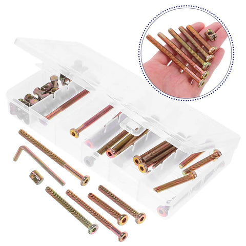 49 Piece M6 Hex Drive Screws And Barrel Nuts Set For Bed Frame Assembly And Home Repairs with storage box, shown in hand