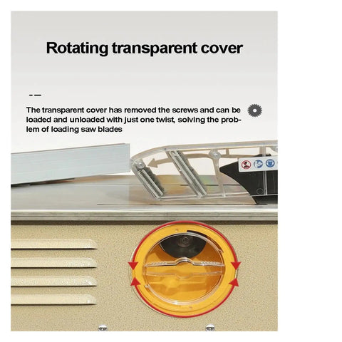 Close-up of the Portable Table Saw With Dustproof Shroud, Precision Angle Tilting, featuring a rotating transparent cover for easy access.