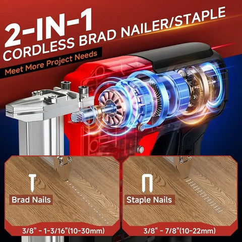 Heavy Duty 2 In 1 Cordless Brad Nailer And Stapler showing internal mechanism, brad and staple options for various projects.