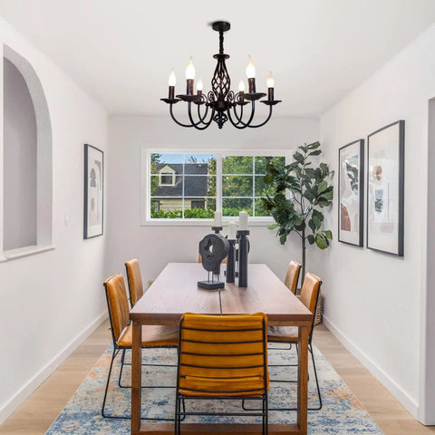 French Country Chandelier For Kitchen And Dining Room Vintage Candle Style Six Light Farmhouse Pendant Light In Matte Black For Living Room Cozy Rustic Vibe With Classic Charm And Durable Fixture above dining table