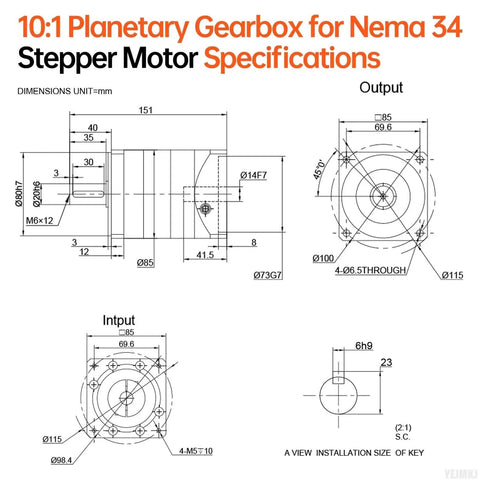 Technical drawing of 10 To 1 Planetary Gearbox For Nema 34 Stepper Motor With 10 Arcmin Backlash, including dimensions and specifications.