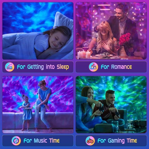 Lit 5 In 1 Galaxy Projector For Bedroom with various uses: sleeping, romance, music time, and gaming, showing light effects.
