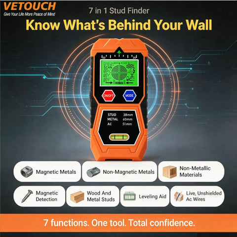 No Sweat 7 In 1 Wall Scanner And Stud Finder features LCD screen and calibration tools for metal and wood detection.
