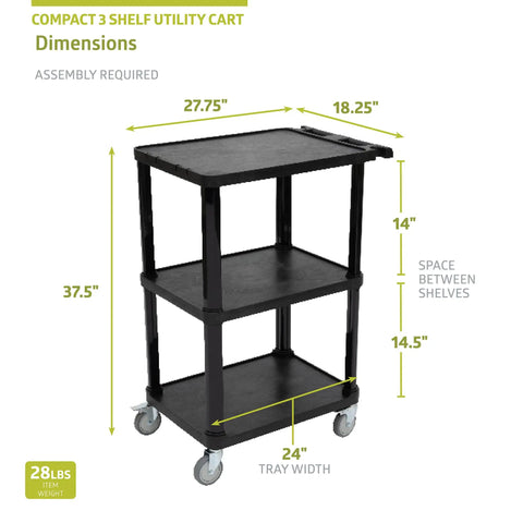 3 Tier Compact Utility Cart with lockable wheels, heavy duty plastic organizer, black, 27.75 x 18.25 x 37.5 inches