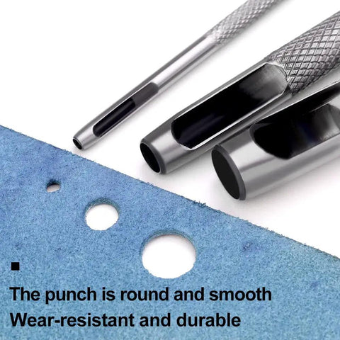 Close-up of 15 Piece Leather Hole Punch Set Round Hollow Punch Kit on blue material showing clean, round holes.