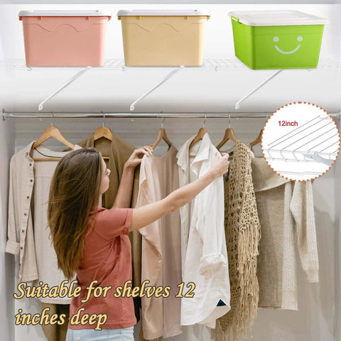 6 Piece 12 Inch Wire Shelf Brackets White Closet Support Hardware Total Game Changer With Straight Up Sturdy Triangle Frame That Stops Sagging Nonsense Included Wall Anchors Premium Metal Hidden Brackets Home Organization with clothing and storage bins
