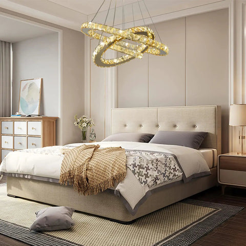 Dope Crystal Ring LED Pendant Light with adjustable stainless steel fixture, 3 rings above a bed in modern bedroom, 75W, 85-265V, 3000K-6000K