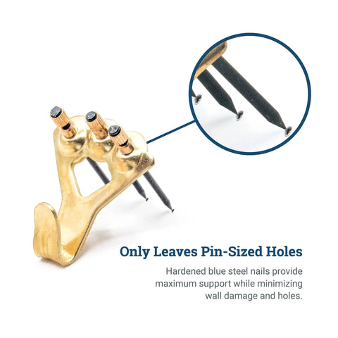 Beefy Heavy Duty 100 Pound Picture Hanging Hooks Set with close-up of brass hooks and blue steel nails for drywall and plaster.