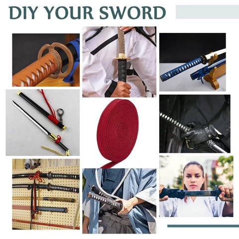 Collage featuring Beefed Up Ito Sageo Wrapping Cord For Samurai Sword Handle Replacement 16 Feet 4 Inches Long Half Inch Wide Durable Blended Fiber