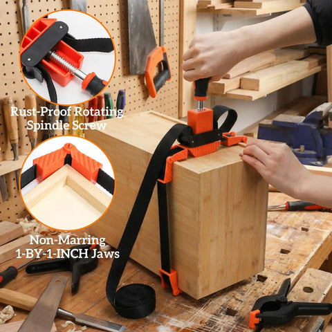 Heavy Duty Strap Band Clamp And Six Inch Quick Release Spring Bar Clamps Seven Piece Killer Combo For Woodwork DIY showing clamp in use on a wooden box.