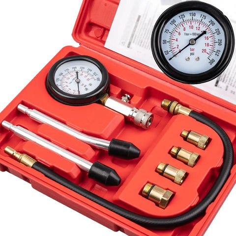 Gas Engine Cylinder Compression Tester Kit 8 Piece Auto Gauge Set in red case with adapters and hose visible
