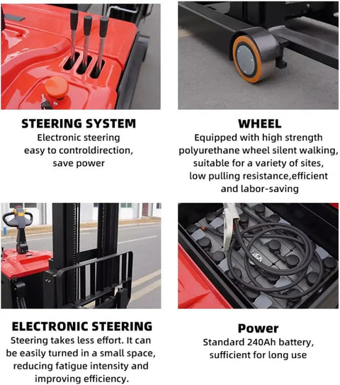 Heavy Duty Electric Forklift For Warehouse Logistics And Dock Loading Featuring Ride On Setup and detailed steering system and wheel.