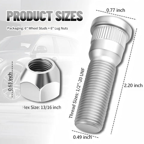 Six Sets Of Wheel Studs And Lug Nuts In One Half Inch Twenty UNF Threaded, Rust Resistant, Heavy Duty Bolt On Hub Fasteners
