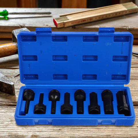 Premium 8pc Hex Impact Socket Set With Bit Adapter For Wheel Lock Lug And Axle Nuts plus 34mm Deep Spindle Sockets Heavy Duty Industrial Automotive Wrench Accessory Kit With Storage Case, blue case open