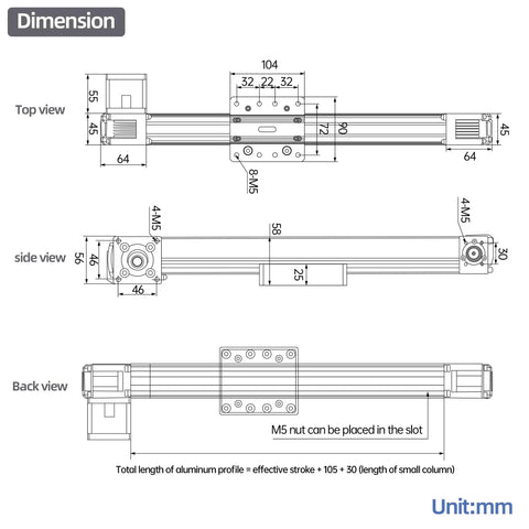 Technical dimensions of JD45C Linear Guide Rail With Synchronous Belt Module And Electric Sliding Table, 400mm travel, CNC use