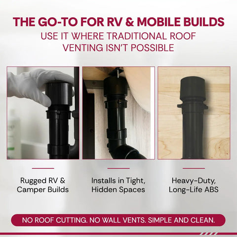 Kickass 1.5 Inch Male Threaded Air Admittance Valve For RV Secondary Venting shown in installation for tight spaces.