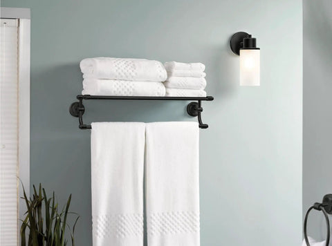 Iso 24-Inch Wide Hotel-Style Bathroom Towel Shelf With Towel Bar Matte Black Dope Modern Bath Organizer Keeps Towels Handy And Adds Sleek Everyday-Ready Style on wall with white towels.