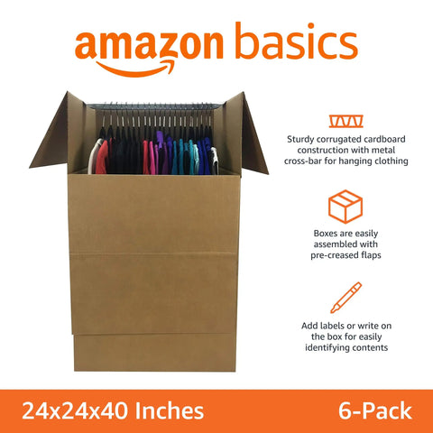 Dang Sturdy Cardboard Wardrobe Moving Boxes Featuring Heavy Duty Metal Clothes Hanger Bar Plus Durable Side Handles No Sweat Flat Setup Corrugated Storage Crates For Effortless Home Relocation 24 X 24 X 40 Inches Six Pack Bundle with clothing hanging inside.
